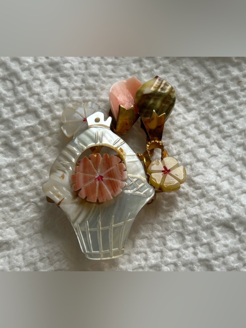 Vintage Mother-of-Pearl Carved Floral Basket Brooch - Pink & Cream Accents